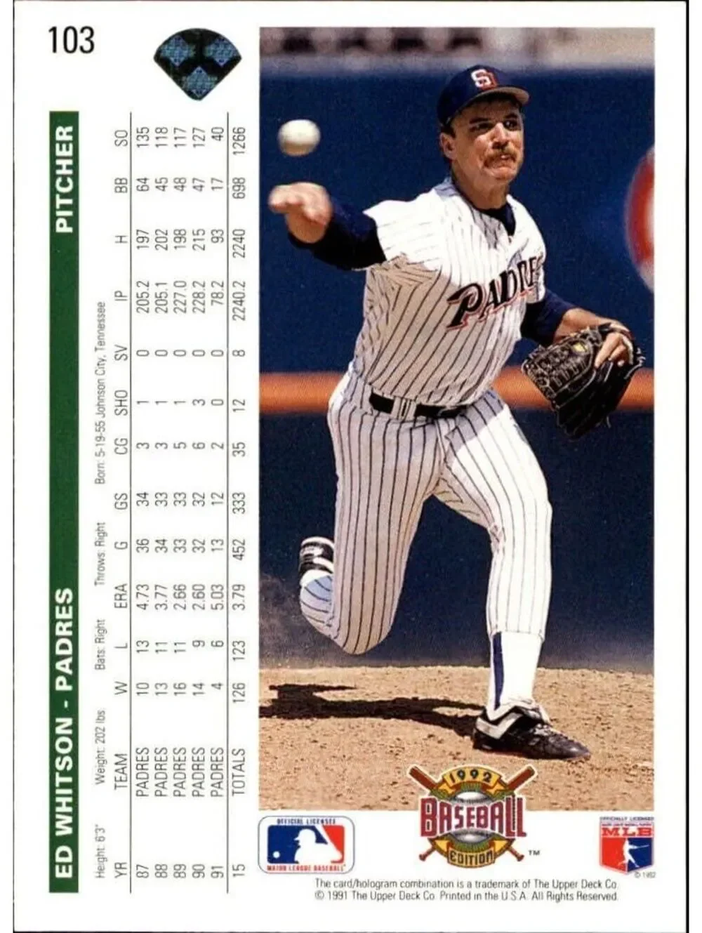 Ed Whitson 1992 Upper Deck MLB #103 Baseball Card San Diego Padres